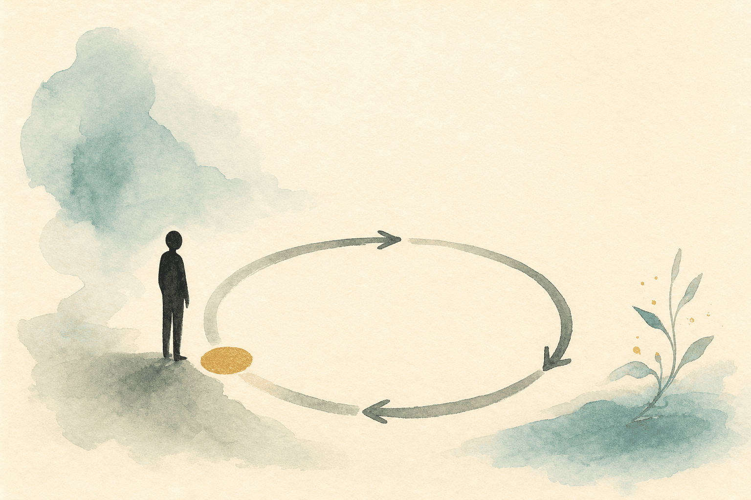 Minimal watercolor illustration of a black figure beside a gentle loop, suggesting a pause in an addiction pattern.