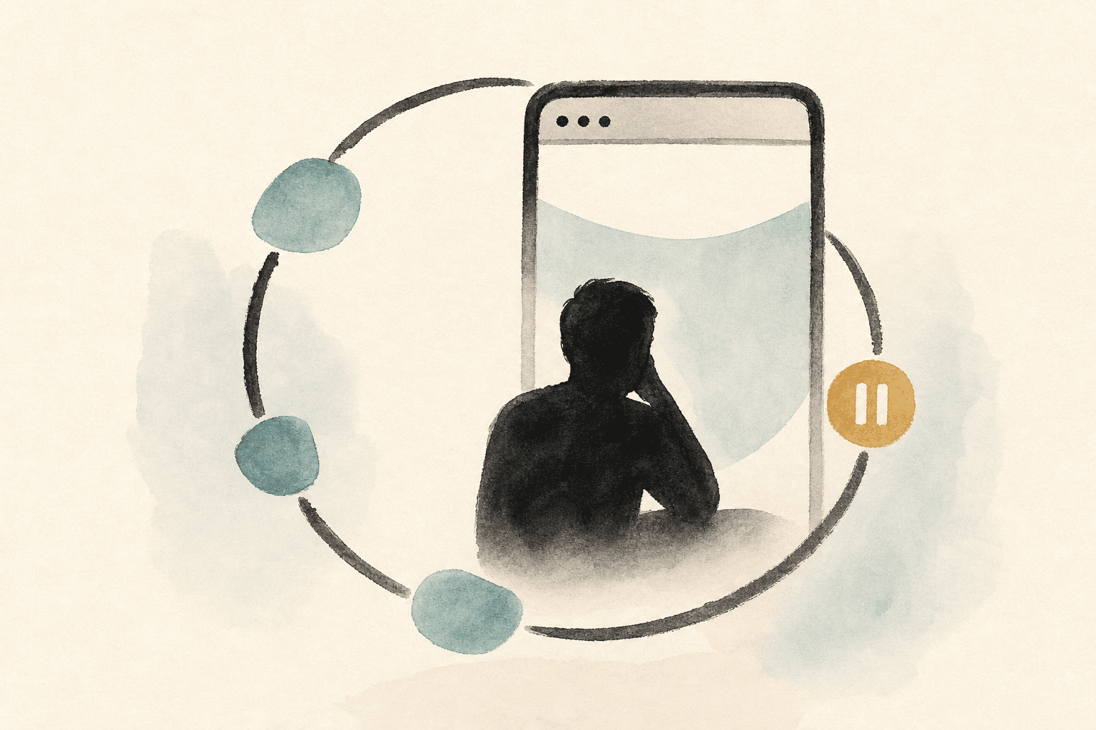 Minimal watercolor illustration of a private browser window and pause symbol, suggesting confidential digital habit awareness.