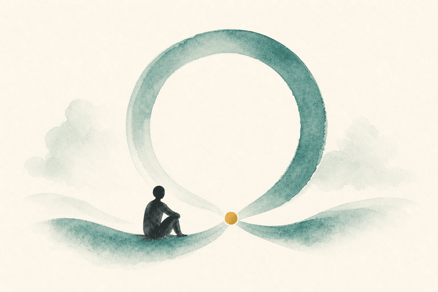 Minimal watercolor illustration of a figure beside a gentle habit loop with a gold pause point, suggesting understanding triggers and rehearsing new responses.