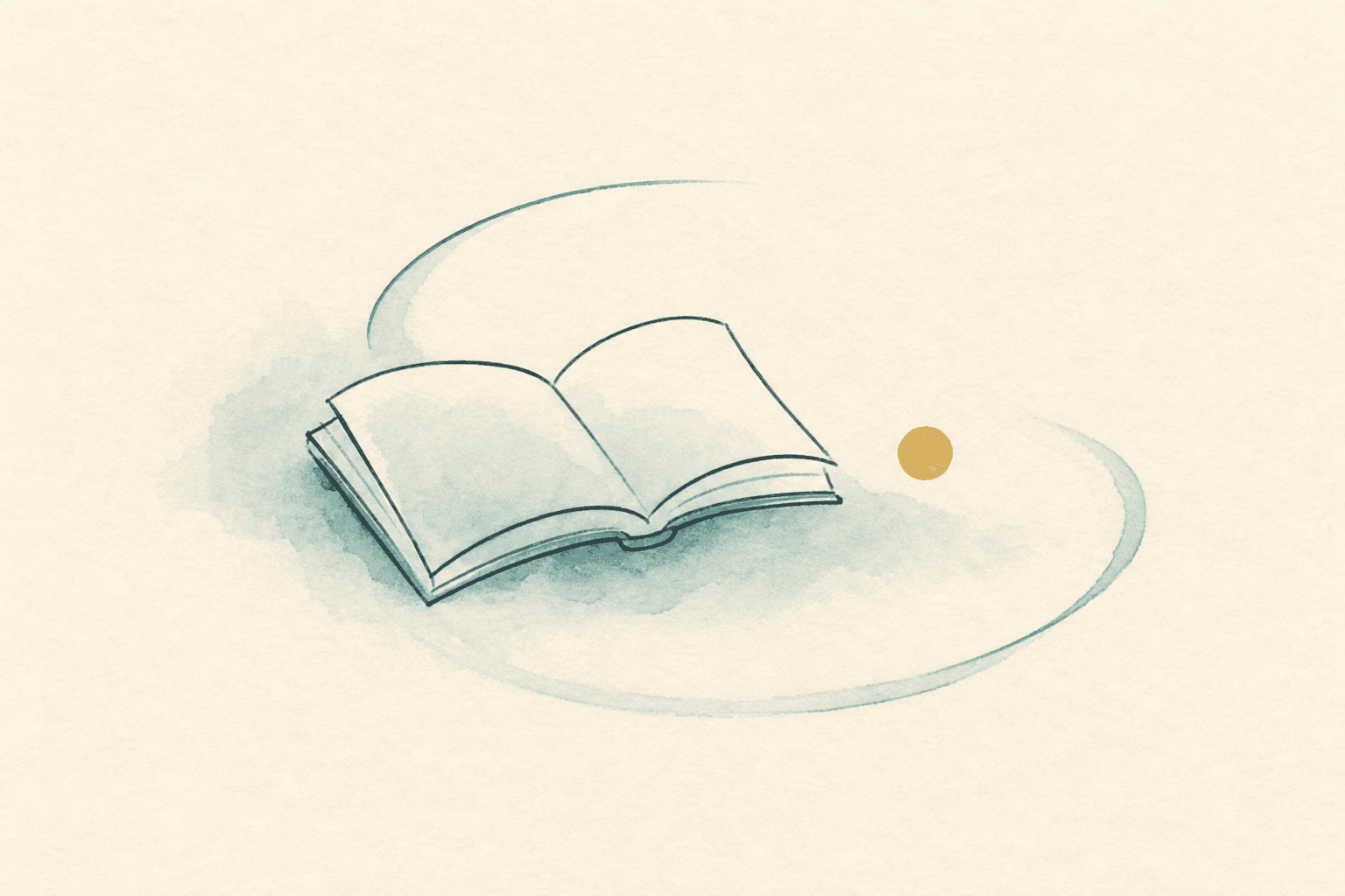 Minimal watercolor illustration of an open book with a soft pause point, suggesting clinical education and practitioner qualifications.