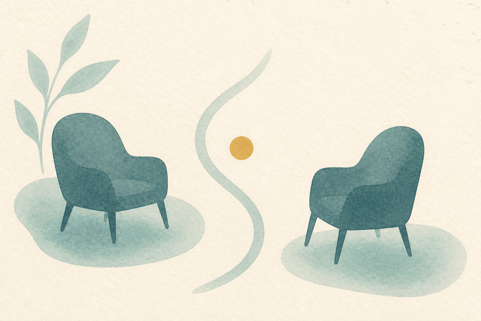 Minimal watercolor illustration of two facing chairs with a calm boundary line, suggesting a private conversation with clear boundaries.