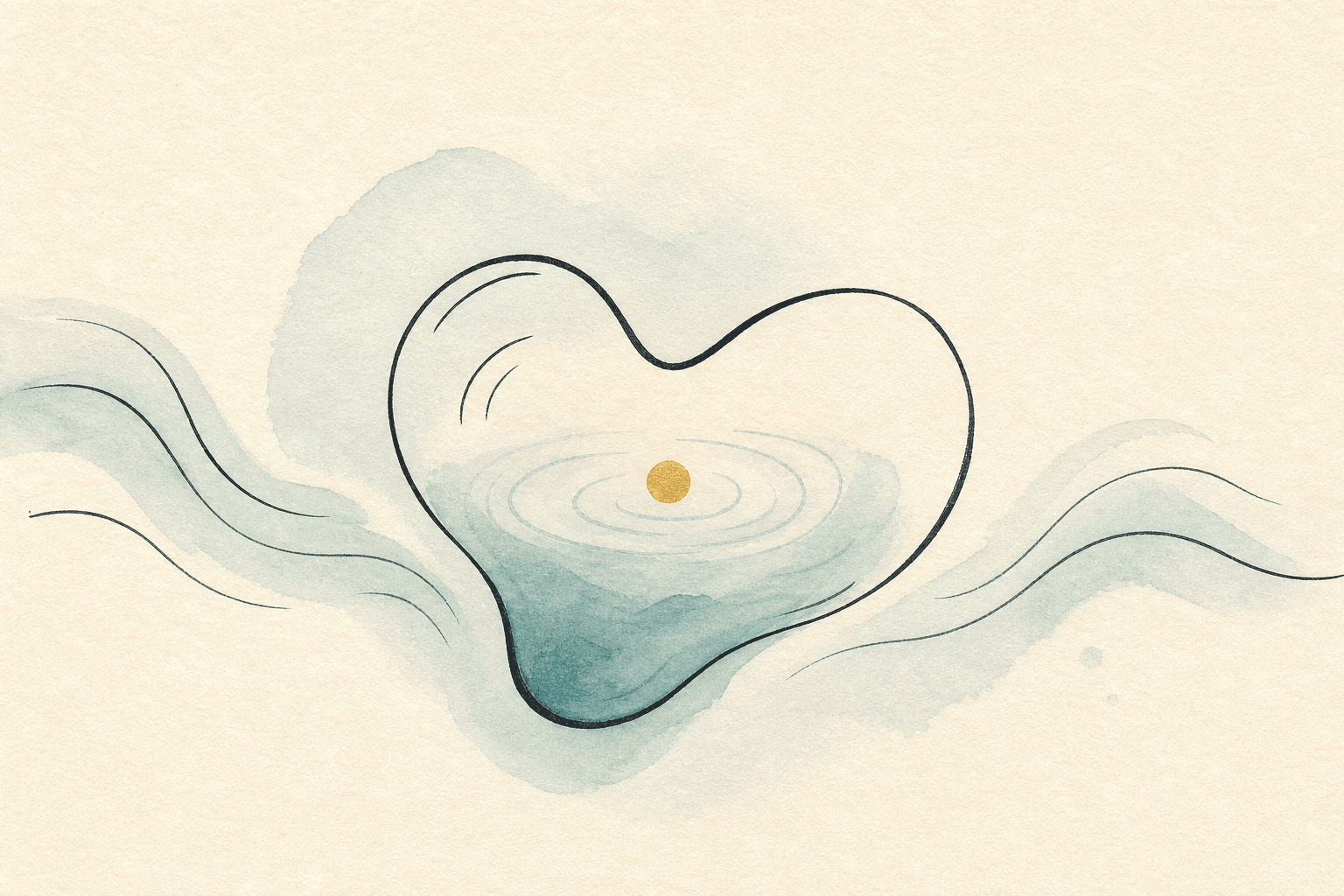 Minimal watercolor illustration of an organic heart shape with soft ripple lines, suggesting emotional triggers calming.