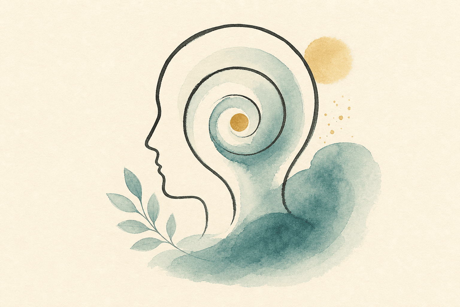 Minimal watercolor illustration of a head outline with an inner spiral, suggesting subconscious patterns.