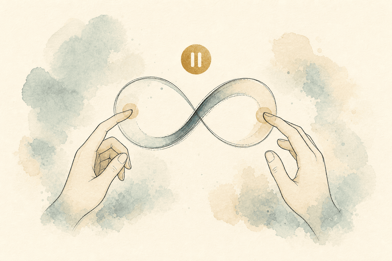 Minimal watercolor illustration of calm hands near a gentle loop, suggesting EFT tapping and emotional regulation support.