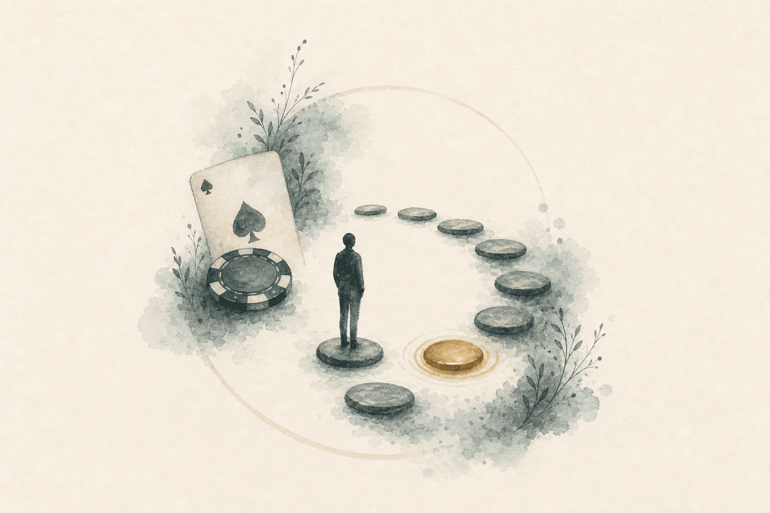 Minimal watercolor illustration of dice inside a gentle loop, suggesting gambling habit patterns.
