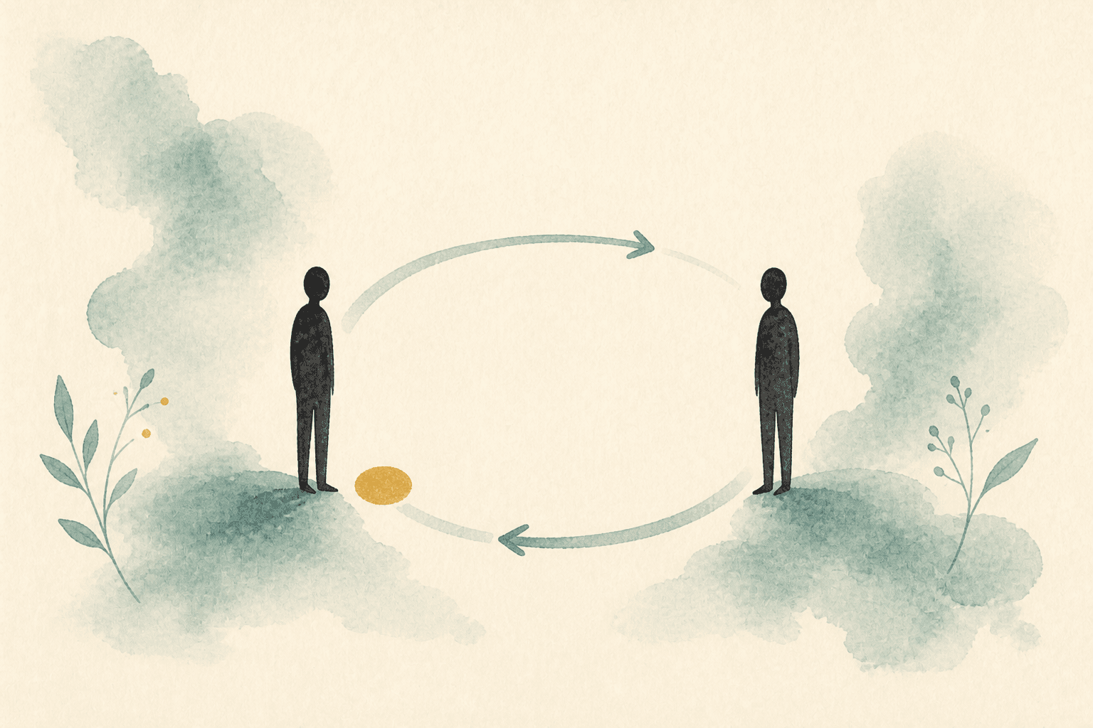 Minimal watercolor illustration of two figures beside a gentle loop, suggesting support for family and loved ones affected by addiction.
