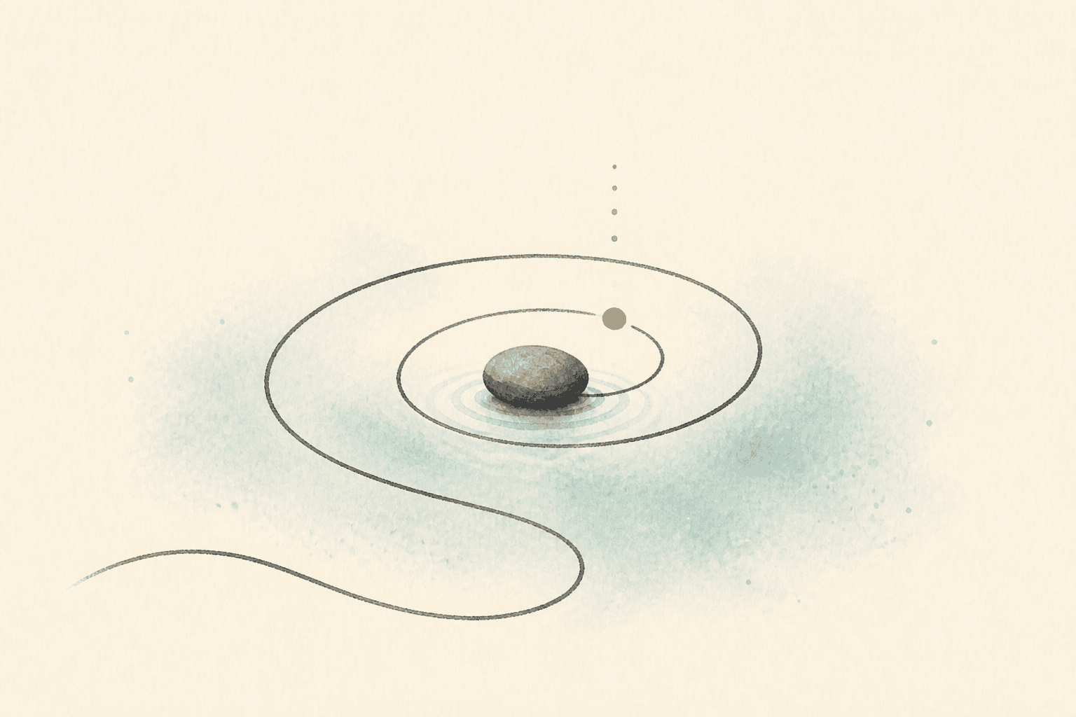 Minimal watercolor illustration of a stone with ripples and a spiral, suggesting addiction triggers and cravings awareness.