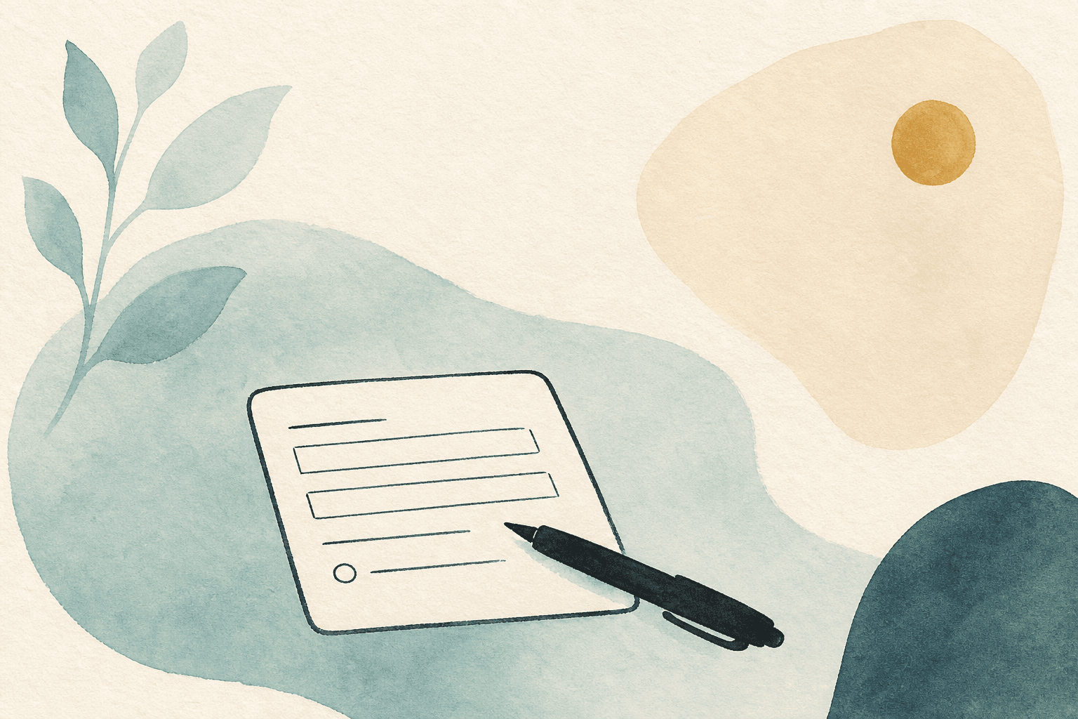 Minimal watercolor illustration of a private form card and pen, suggesting a confidential enquiry.