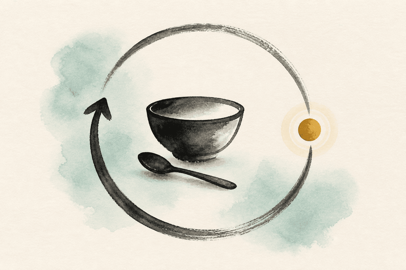 Simple watercolor artwork of a bowl and spoon inside a gentle loop, suggesting food and binge eating habit awareness.