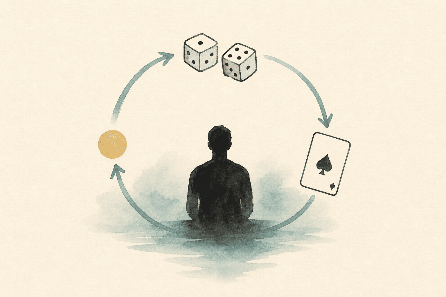 Minimal watercolor illustration of dice and a playing card inside a gentle loop, suggesting gambling habit patterns.