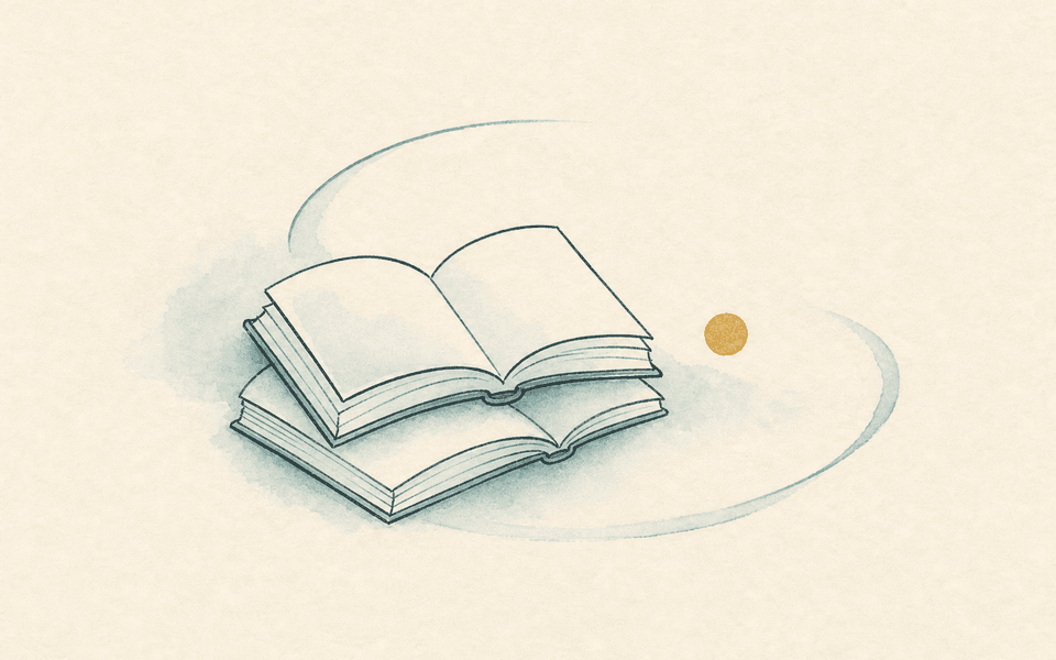 Minimal watercolor illustration of a small stack of open books with soft teal wash, suggesting published works by Gerald Crawford.