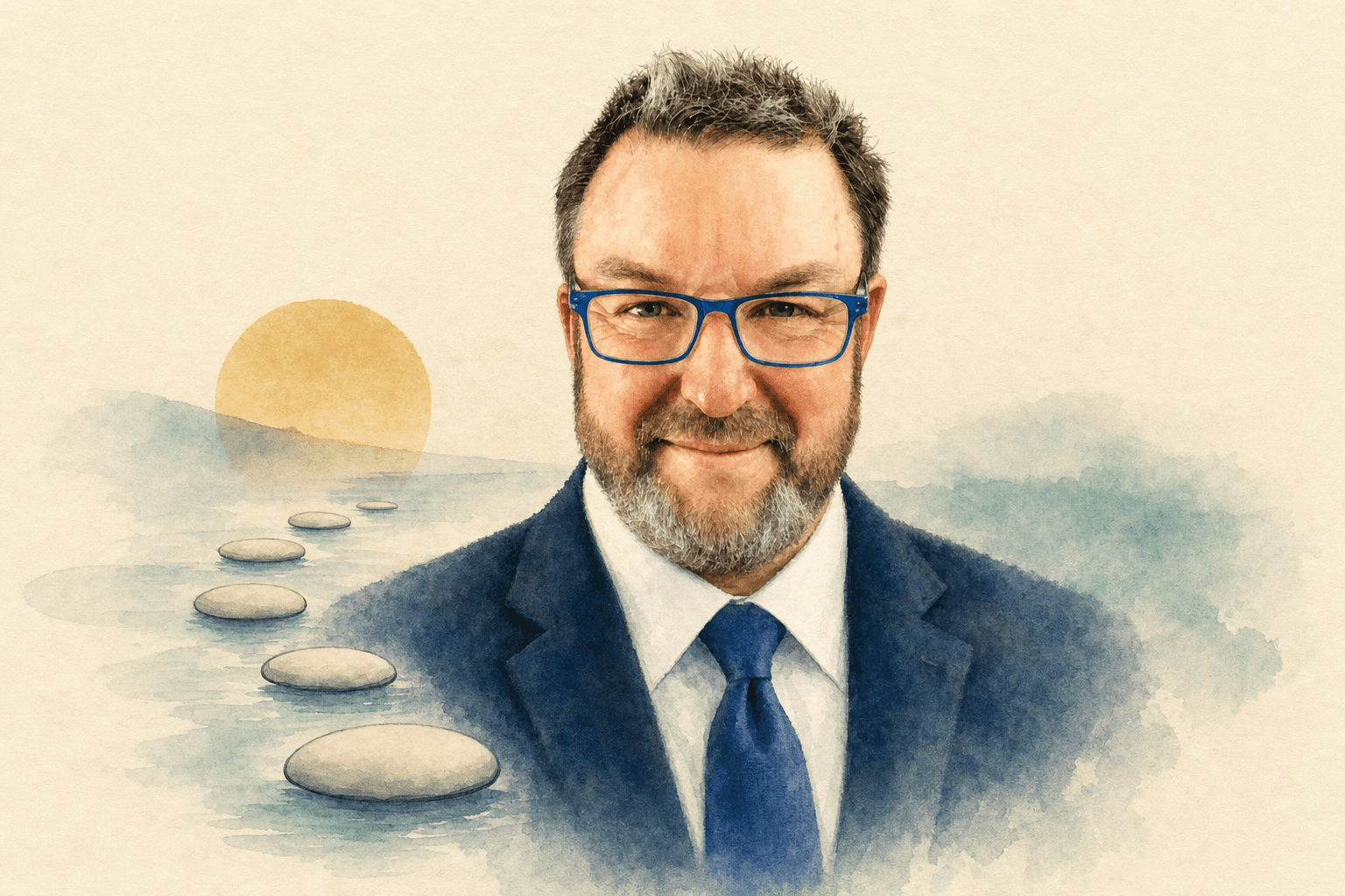 Watercolor portrait of Gerald Crawford with soft teal pathway washes and stepping stones, suggesting steady recovery progress.