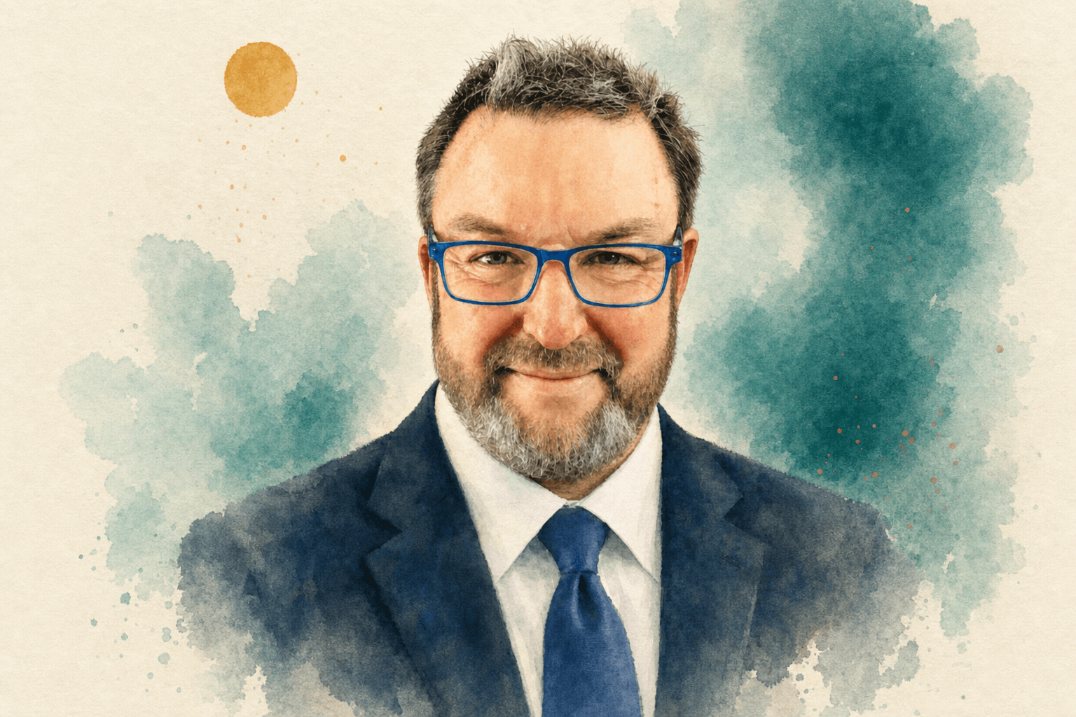 Watercolor portrait of Gerald Crawford, hypnotherapist, in calm professional attire with soft teal washes and a muted gold sun accent.