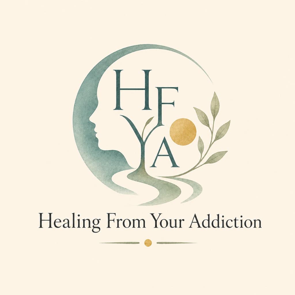 Watercolor Healing From Your Addiction logo with a profile outline, soft teal washes, and muted gold accent on warm cream paper.