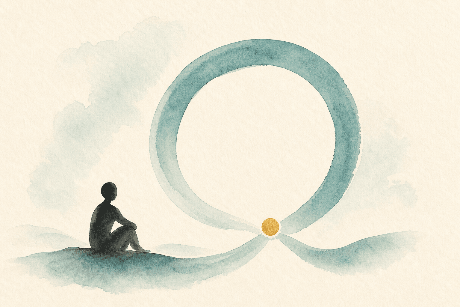 Minimal watercolor illustration of a black figure beside a large teal loop and gold pause point.