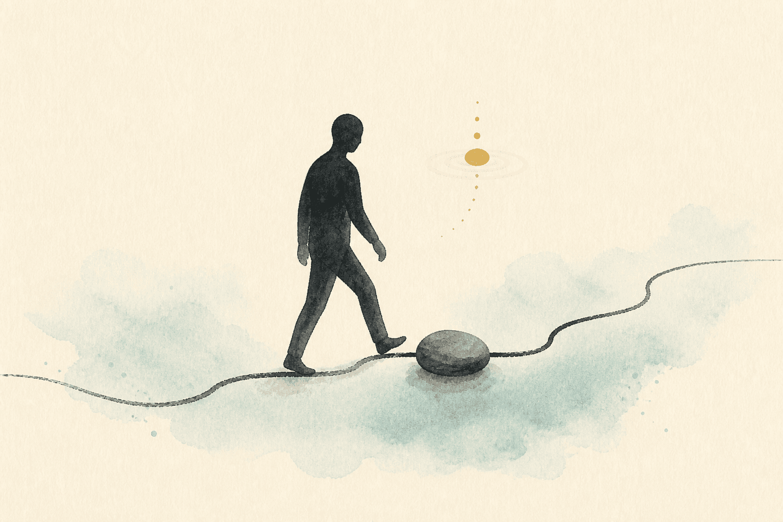 Minimal watercolor illustration of a figure taking a step beside a stone on a path, suggesting behaviour in an addiction pattern.
