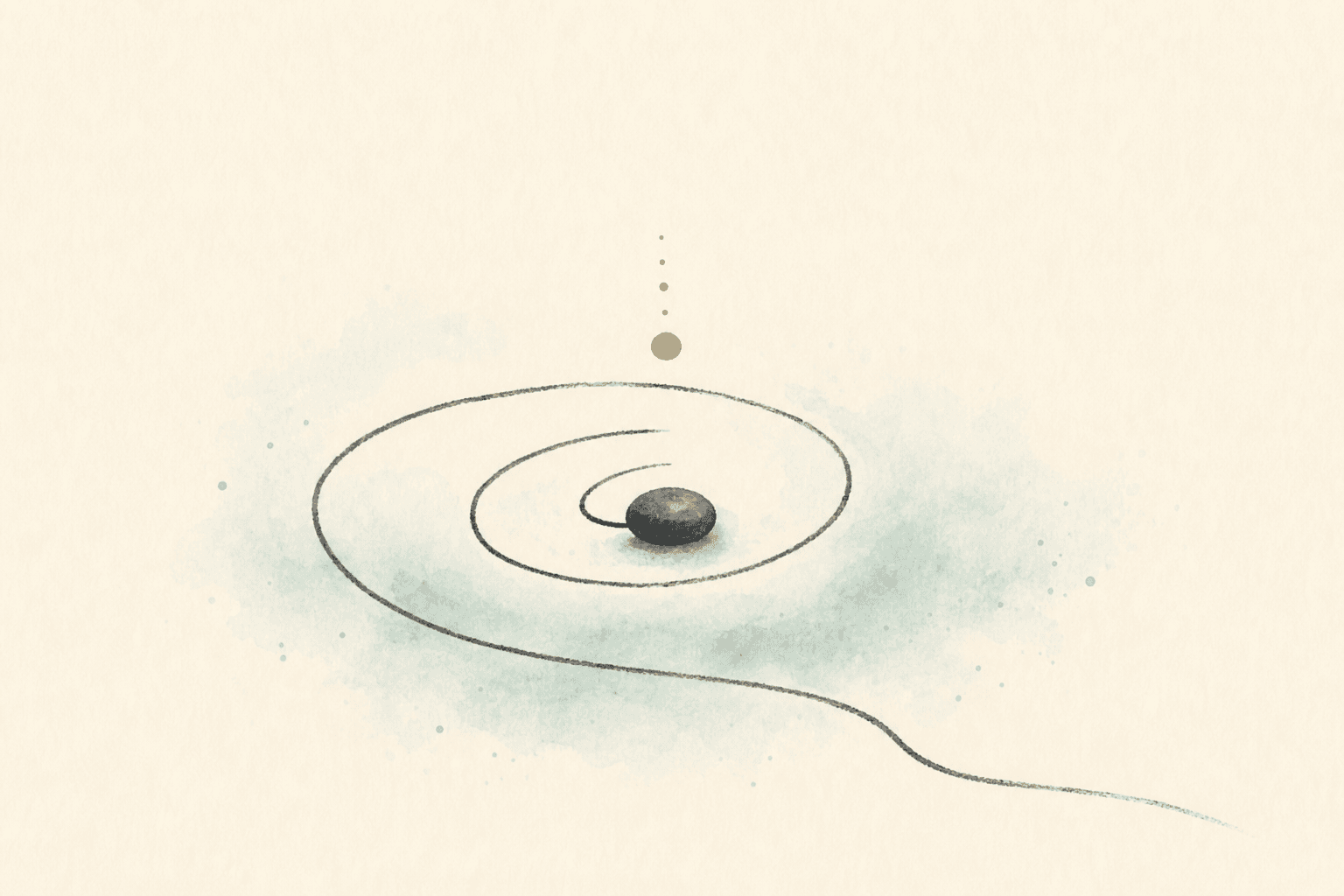 Minimal watercolor illustration of a gentle inward spiral toward a stone, suggesting craving in an addiction pattern.