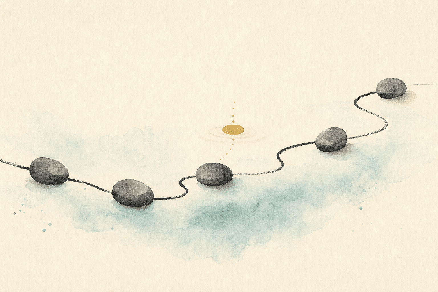 Minimal watercolor illustration of five stones on a winding path, suggesting the steps in an addiction pattern.