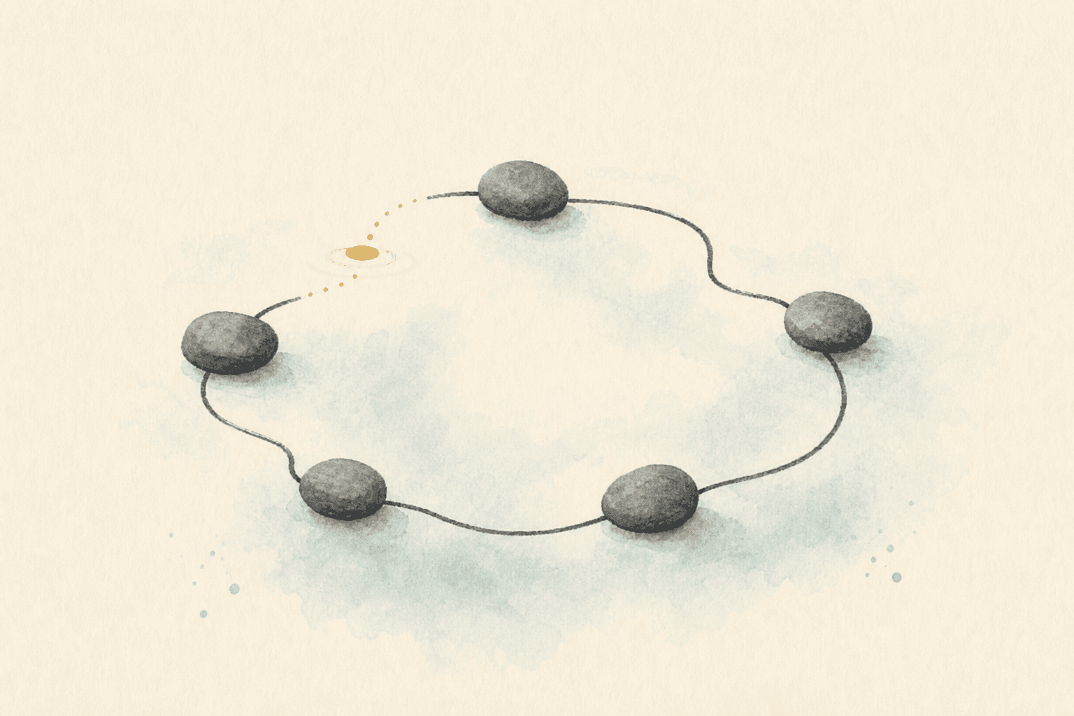 Minimal watercolor illustration of stones in a circular loop, suggesting the repeat step in an addiction pattern.