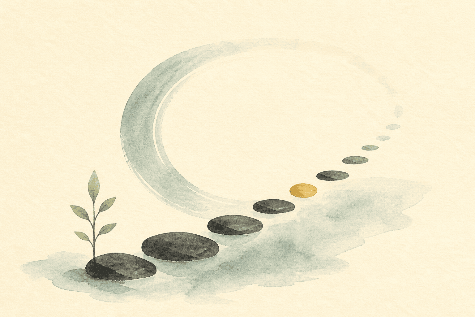 Minimal watercolor illustration of stepping stones and a sprout, suggesting integration and steady progress.
