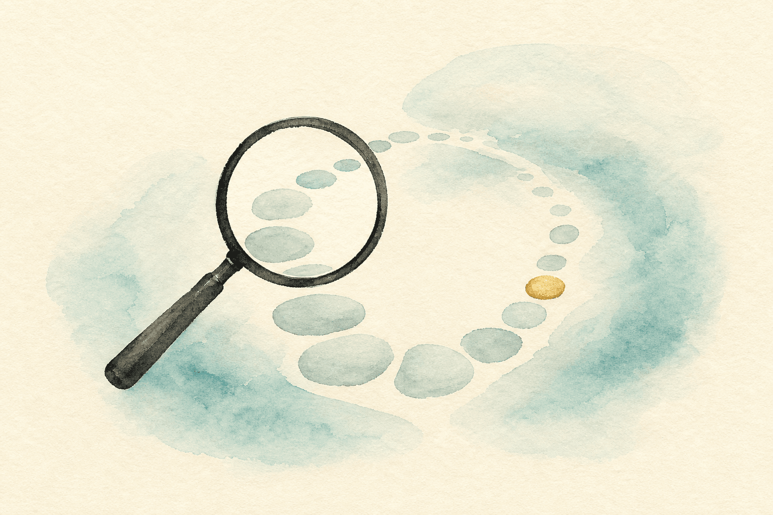 Minimal watercolor illustration of a magnifying glass over a gentle loop, suggesting understanding a pattern.