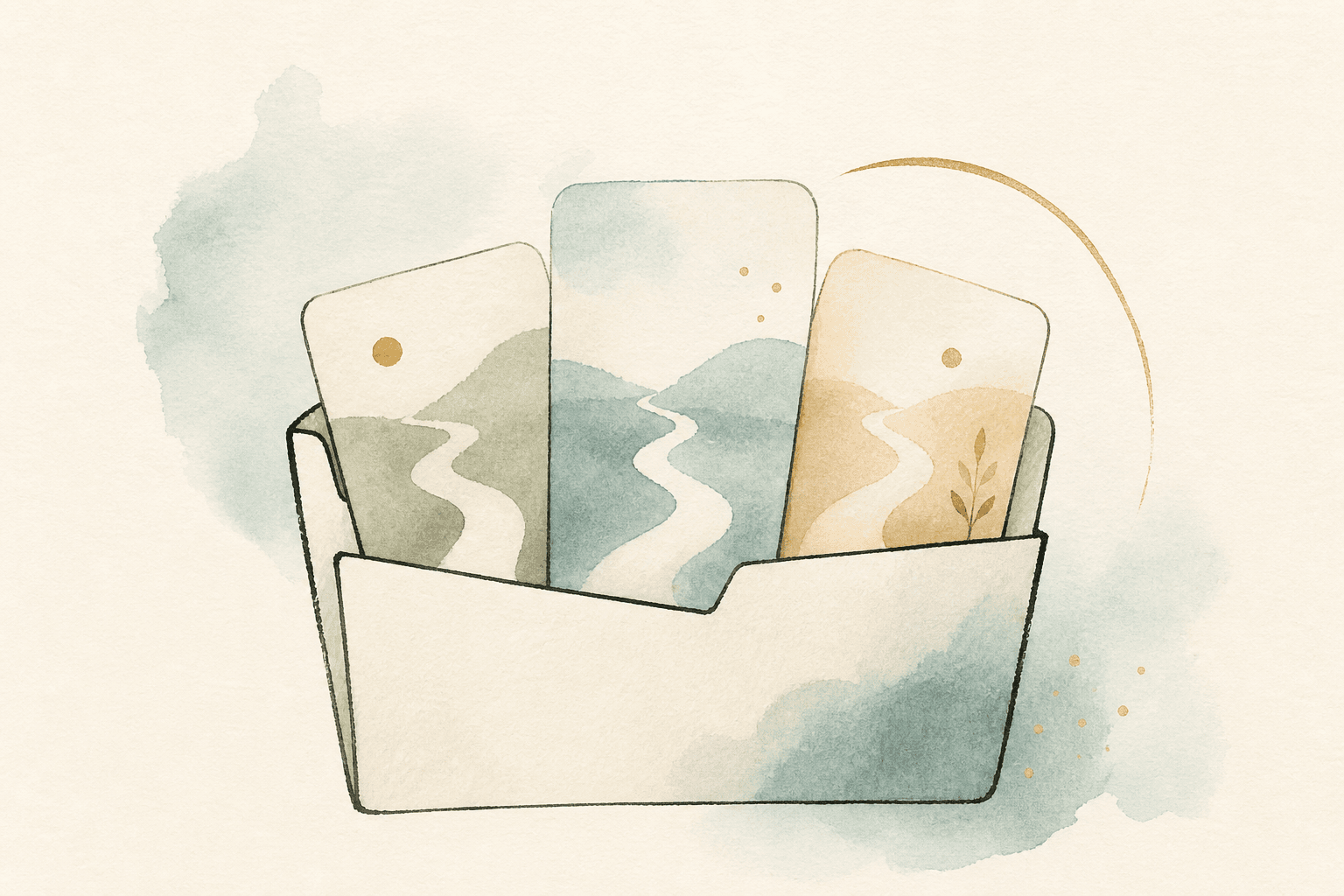 Minimal watercolor illustration of an open folder with simple pathway cards, suggesting programme options.
