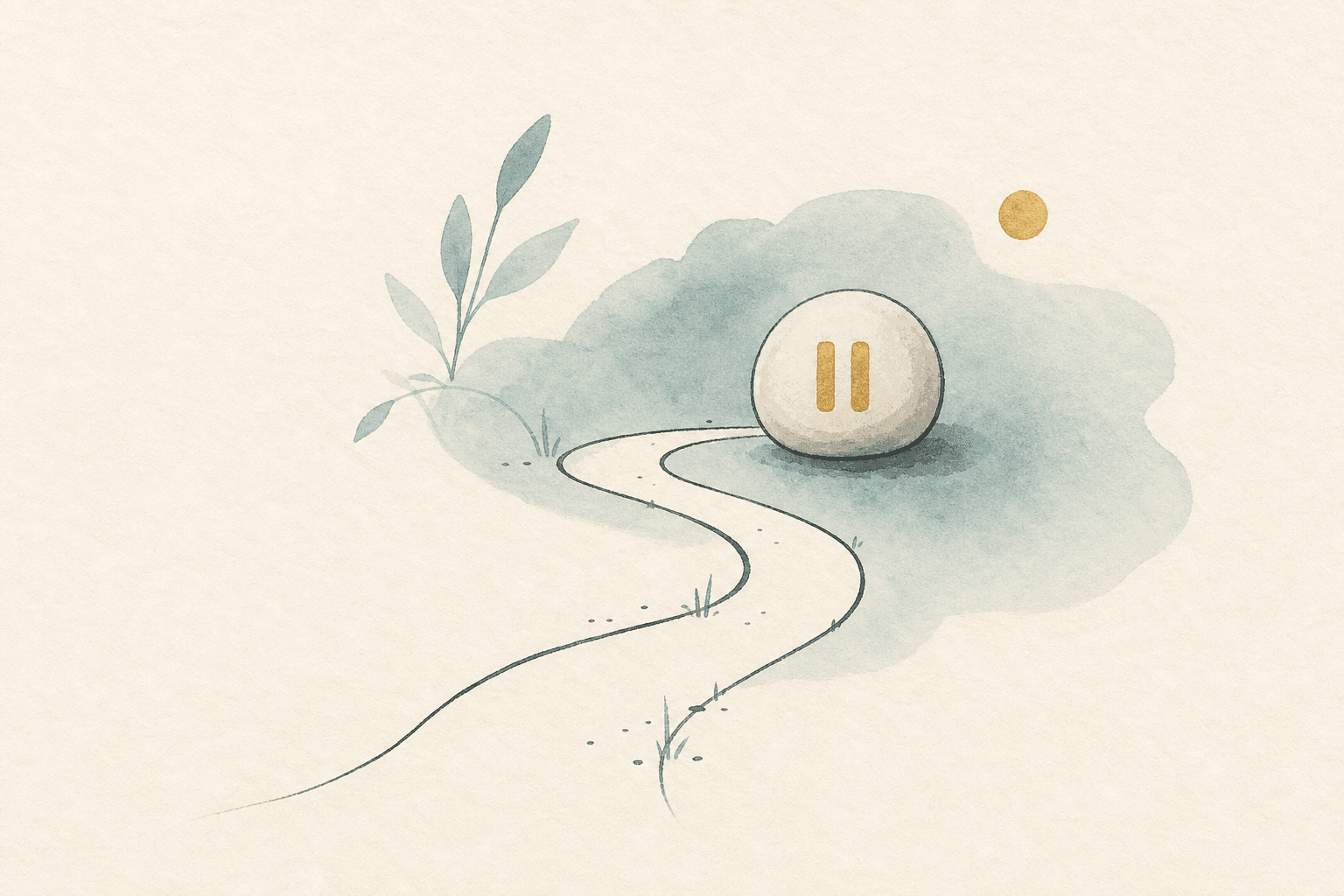 Minimal watercolor illustration of a gentle path ending at a pause stone, suggesting clear website boundaries.