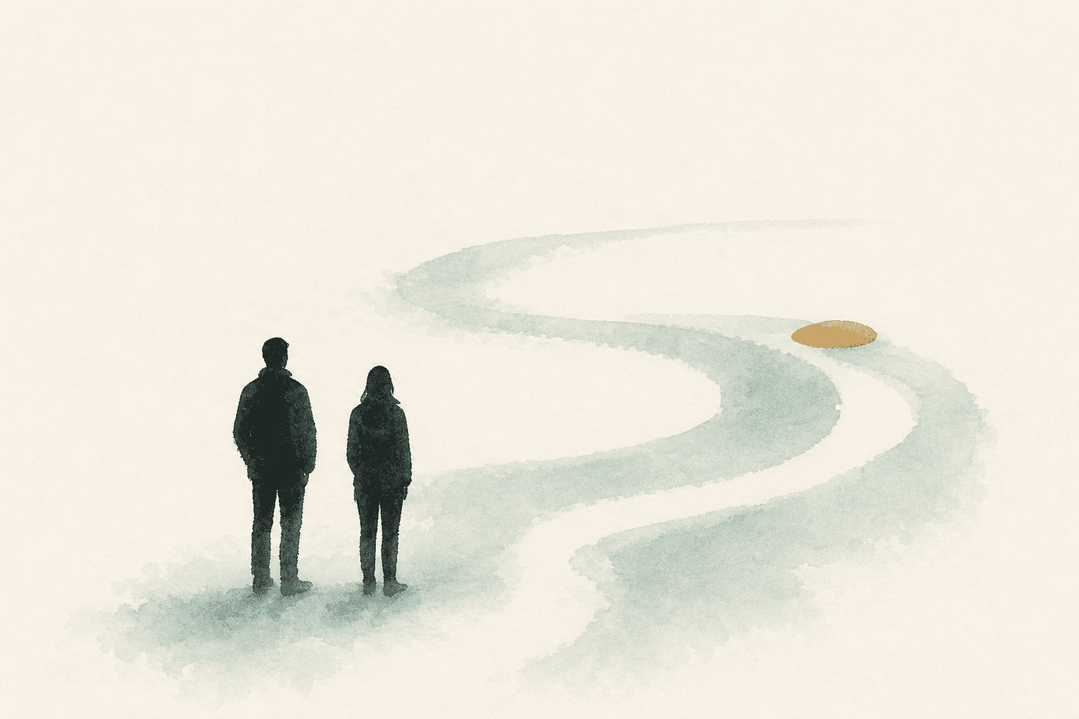 Minimal watercolor illustration of two anonymous figures beside a gentle loop, suggesting shared recovery stories.